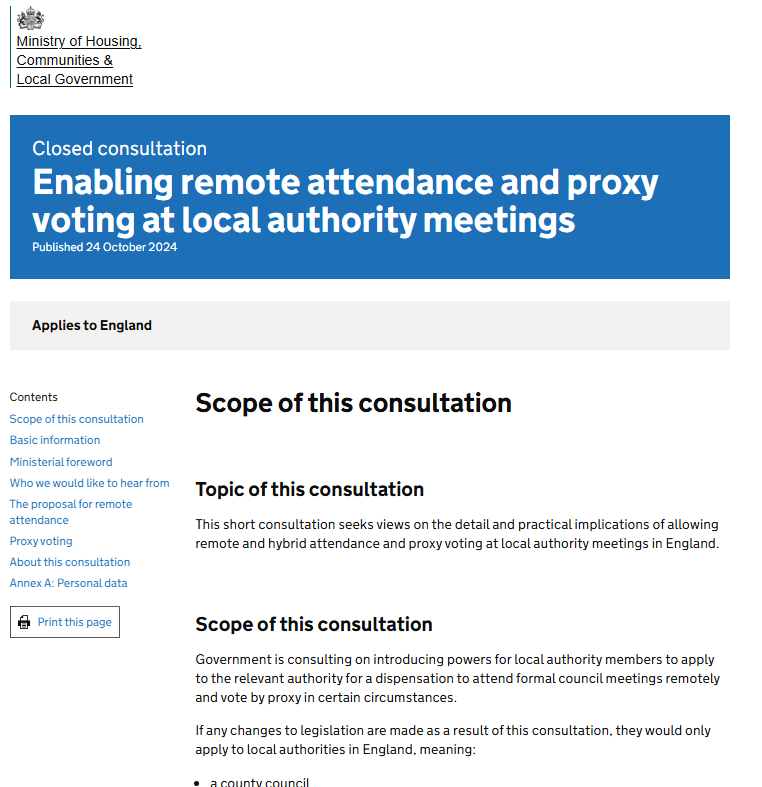 Government web page showing title 'Enabling Remote Attendance and Proxy voting at local authority meetings'
