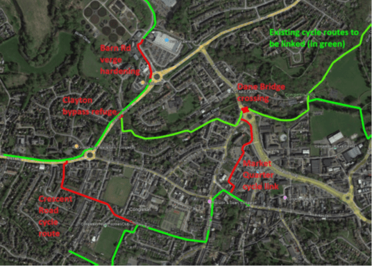 Map showing green paths and cycleways joined up by small red lines at the key points. 