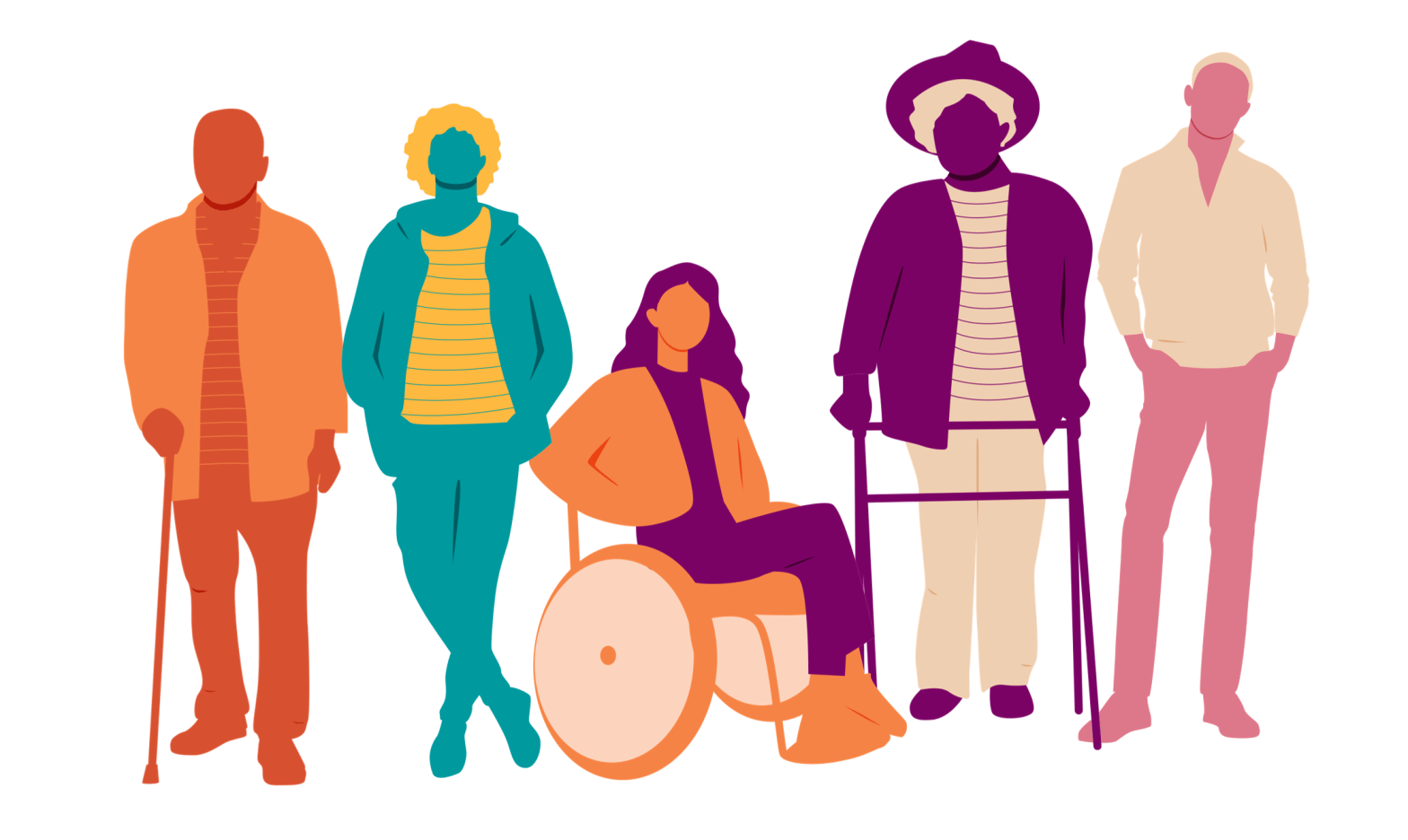 Five people including man on left with a stick, woman in middle in a wheelchair and a woman walking with a frame.