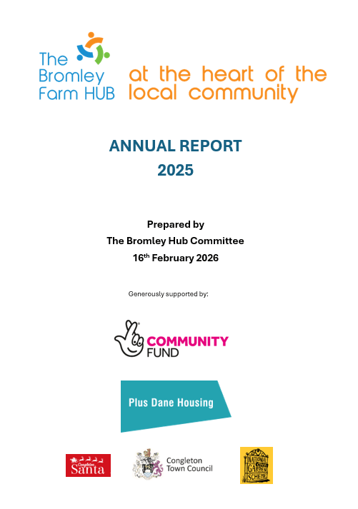 Front page of Bromley Hub annual report showing the organisations that sponsor the group including the Community Lottery.