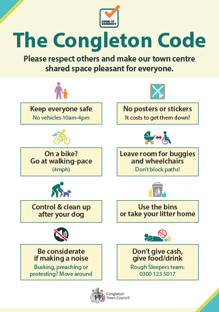 Image of the Congleton Code saying 'please respect others and make our town centre shared space pleasant for everyone