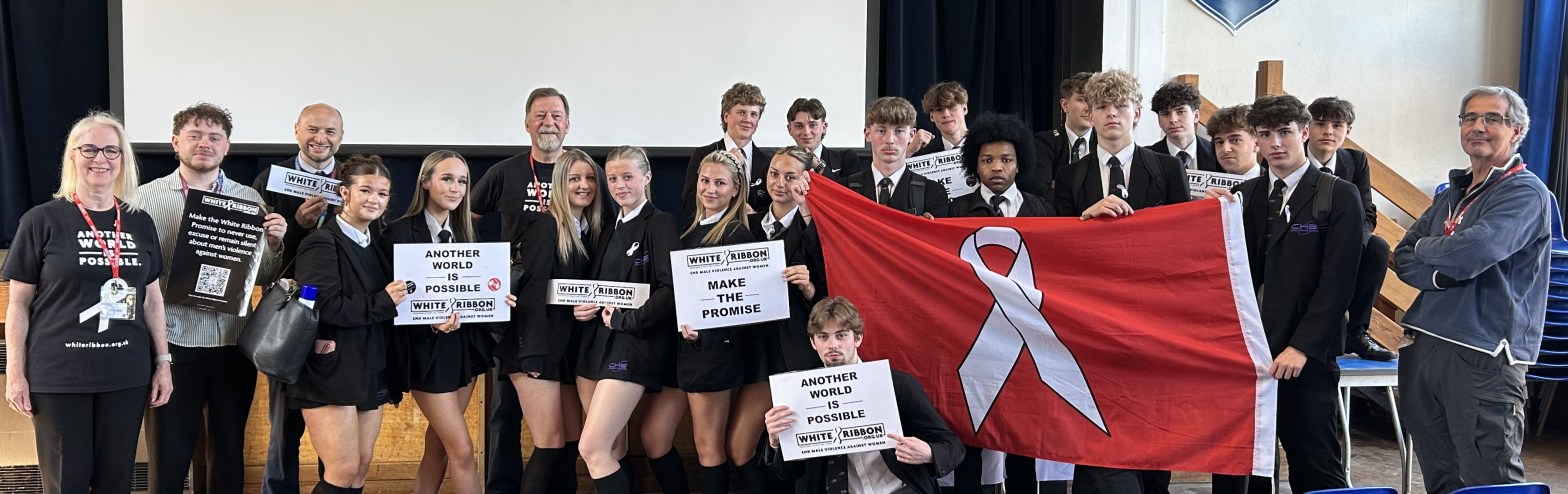 Year 11 at Congleton High displaying White Ribbon banners