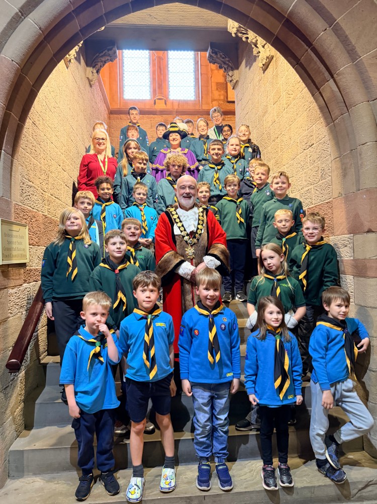 6th Congleton Scouts with Mayor on stairs of town hall