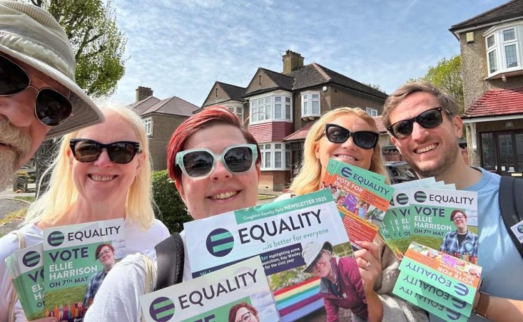 Campaigners for elections - 2 men and 3 women with leaflets for Equality Party.
