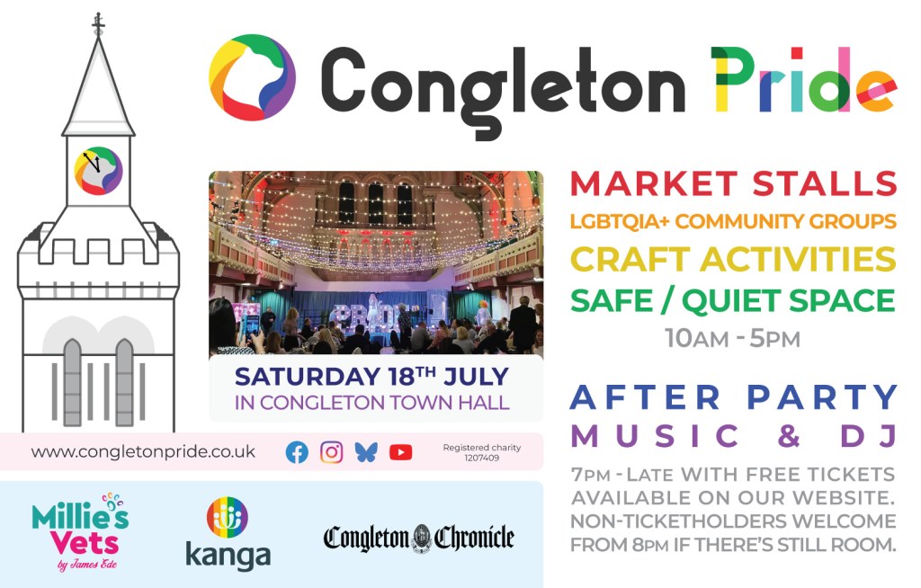 Ad showing Congleton Pride information - market stalls, craft activities and live music, in Congleton Town Hall on 18th July.